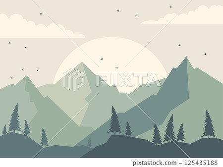 Contemporary aesthetic mountains landscape art. Spring valley with cloudscape. Green nature forest Contemporary aesthetic mountains landscape art. Spring valley with cloudscape. Green nature forest 125435188
