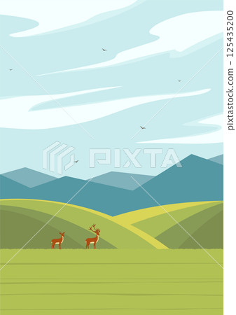 Vector illustration of beautiful summer fields landscape. Springtime panorama flat cartoon style banner 125435200