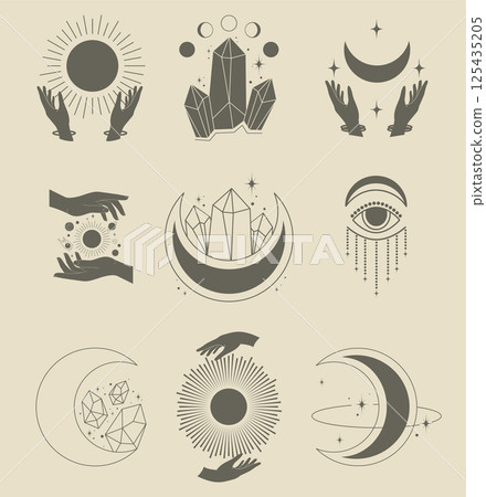 Bohemian linear logo icon set. Line art healing crystal and moon concept of esoteric elements 125435205