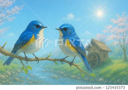 藍白相間的霸鶲和嫩葉與新鮮的綠葉 藍白相間的霸鶲和嫩葉與新鮮的綠葉 125435373