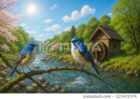 Blue-and-white flycatcher and young leaves with fresh greenery Blue-and-white flycatcher and young leaves with fresh greenery 125435374