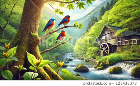 Blue-and-white flycatcher and young leaves with fresh greenery 125435378