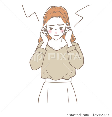 女人摀住耳朵避免噪音 女人摀住耳朵避免噪音 125435683