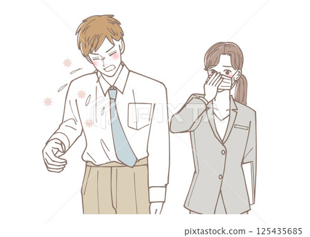 一名女員工對一名傳播病毒的男子感到驚訝 一名女員工對一名傳播病毒的男子感到驚訝 125435685