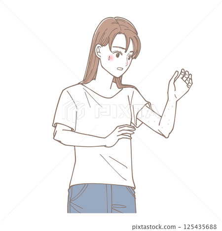 Illustration of a woman with eczema on her arm 125435688