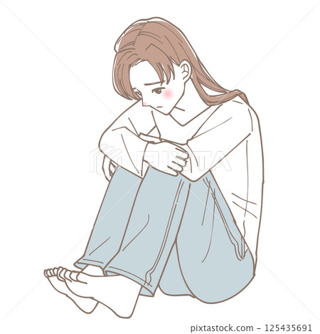 一位女士坐在地板上，心情沮喪的插圖 125435691