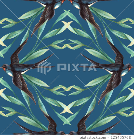 Elegant blue seamless pattern with swallows birds and foliage. Floral watercolor with dark background. Perfect for romantic arrangement, seasonal decoration, botanical fabric, wrapping paper, postcard 125435768