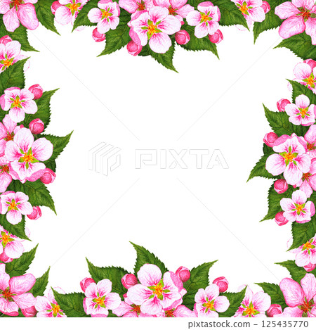Delicate beautiful illustration with a blossoming apple tree branch. Watercolor illustration design element for decoration of cards, invitations, packaging design. Decorative bright frame with empty Delicate beautiful illustration with a blossoming apple tree branch. Watercolor illustration design element for decoration of cards, invitations, packaging design. Decorative bright frame with empty 125435770