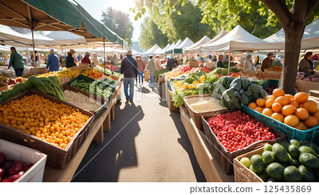 Regional market with freshly harvested produce in blurred background. 125435869