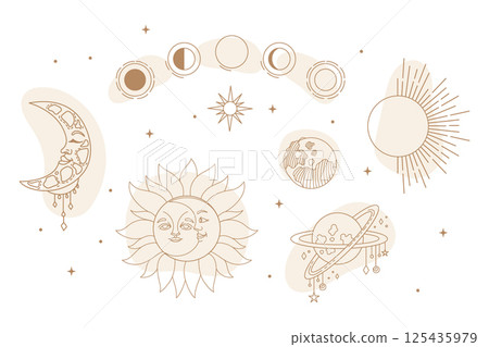 Stars, plants and sun seamless pattern vector white 125435979