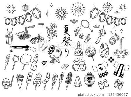 Summer festival illustration set, hand-drawn, black and white line drawings Summer festival illustration set, hand-drawn, black and white line drawings 125436057