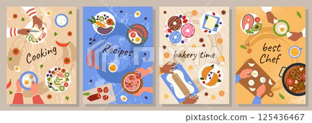 Food cooking. Bakery time. Chef arms. Lunch preparation. Hands frying eggs omelet top view. Cook recipe. Pastry cake baking. Kitchen product. Diet meal ingredient. Culinary vector posters design set 125436467