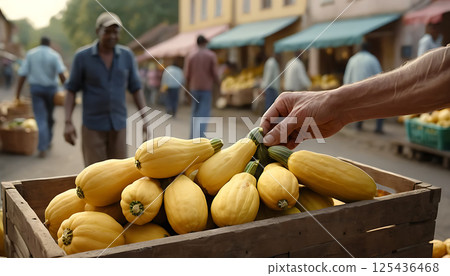Yellow squash in wooden crates. Market background out of focus 125436468