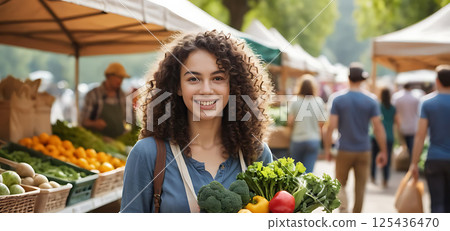 Nice curly woman at a regional market with a cloth bag .Eco-friendly concept. 125436470