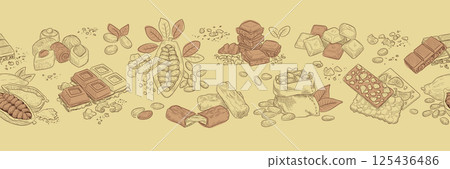 Cocoa seamless pattern. Food sketch. Chocolate bar with fruits. Drawn outline graphic. Doodle confectionery powder. Hand art border. Choco bean. Engraving sweets. Seeds harvest bag. Vector background Cocoa seamless pattern. Food sketch. Chocolate bar with fruits. Drawn outline graphic. Doodle confectionery powder. Hand art border. Choco bean. Engraving sweets. Seeds harvest bag. Vector background 125436486