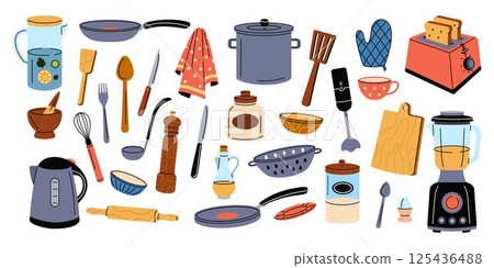 Kitchen cook. Utensil with cutlery. Chef tool. Fork and knife. Home kitchenware. Tableware for cooking. Plate with spoon. Domestic cookware. Household appliance for food preparation. Vector tidy set Kitchen cook. Utensil with cutlery. Chef tool. Fork and knife. Home kitchenware. Tableware for cooking. Plate with spoon. Domestic cookware. Household appliance for food preparation. Vector tidy set 125436488