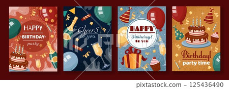 Happy Birthday card. Party gift background. Balloon with congratulations, confetti and champagne. Greeting poster celebration. Banner design for holiday. Cake and candles. Vector tidy cartoon flat set 125436490