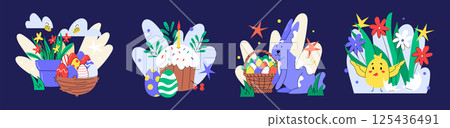 Easter basket. Spring gift. Bunny in garden. Groovy cute animal eggs. Funny bird. Flower or grass. Resurrection in cartoon. Holiday sweet cake with candle. Chicken kid. Vector garish illustrations set Easter basket. Spring gift. Bunny in garden. Groovy cute animal eggs. Funny bird. Flower or grass. Resurrection in cartoon. Holiday sweet cake with candle. Chicken kid. Vector garish illustrations set 125436491
