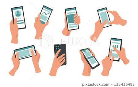 Phone hold hand. Use smart smartphone. Finger press on screen. Swipe arm on tablet. Icon of palm holding mobile. Action app. Tap gesture at gadget display. Call and message. Vector tidy cartoon set Phone hold hand. Use smart smartphone. Finger press on screen. Swipe arm on tablet. Icon of palm holding mobile. Action app. Tap gesture at gadget display. Call and message. Vector tidy cartoon set 125436492