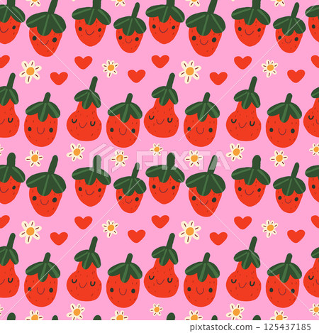 Vector seamless pattern with strawberry and flowers. Trendy summer background with hand drawn strawberry, flowers. Vector seamless pattern with strawberry and flowers. Trendy summer background with hand drawn strawberry, flowers. 125437185