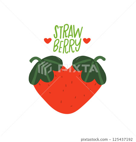 Vector illustration with a heart-shaped strawberry and a cute strawberry inscription highlighted on a white background. Vector illustration with a heart-shaped strawberry and a cute strawberry inscription highlighted on a white background. 125437192