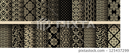 Geometric floral set of seamless patterns. Golden and black vector backgrounds. Damask graphic ornaments 125437299