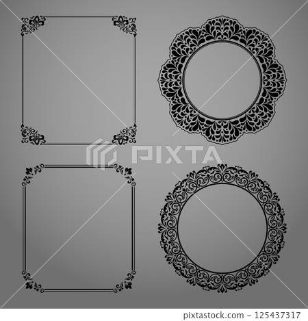 Set of decorative frames Elegant vector element for design in Eastern style, place for text. Floral black and gray borders. Lace illustration for invitations and greeting cards 125437317