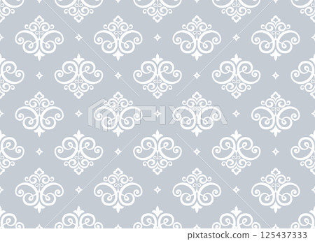 Wallpaper in the style of Baroque. White and gray floral ornament. Seamless vector background. Graphic pattern for fabric, wallpaper, packaging. Ornate Damask flower illustration Wallpaper in the style of Baroque. White and gray floral ornament. Seamless vector background. Graphic pattern for fabric, wallpaper, packaging. Ornate Damask flower illustration 125437333