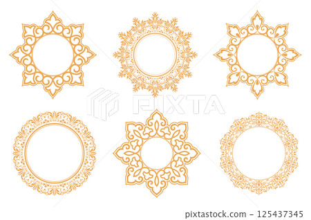 Set of decorative frames Elegant vector element for design in Eastern style, place for text. Floral golden and white borders. Lace illustration for invitations and greeting cards 125437345