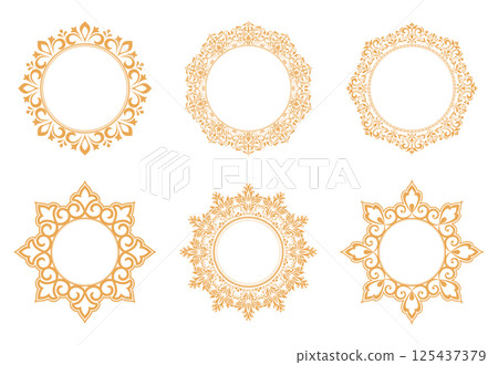 Set of decorative frames Elegant vector element for design in Eastern style, place for text. Floral golden and white borders. Lace illustration for invitations and greeting cards Set of decorative frames Elegant vector element for design in Eastern style, place for text. Floral golden and white borders. Lace illustration for invitations and greeting cards 125437379