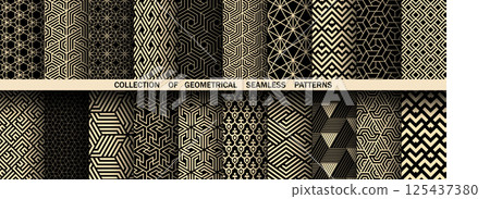 Geometric set of seamless black and golden patterns. Simple vector graphics Geometric set of seamless black and golden patterns. Simple vector graphics 125437380