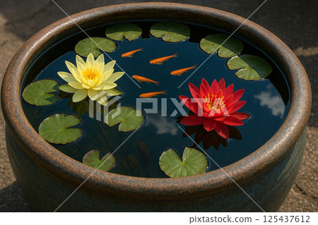 水瓶中的睡蓮和鱂魚 水瓶中的睡蓮和鱂魚 125437612