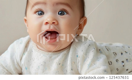 A close-up of the upper body and face of a smiling baby staring intently at something, suitable for advertising posters 125437631