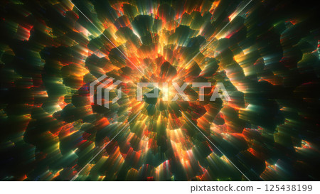 Vibrant digital explosion with glowing red and gold particles radiating from a central point, resembling a cosmic burst 125438199
