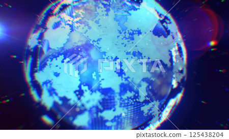 A cool-toned digital depiction of Earth, showcasing pixelated patterns and futuristic blue lighting, emphasizing technology and innovation background, video in high quality 4k, motion design A cool-toned digital depiction of Earth, showcasing pixelated patterns and futuristic blue lighting, emphasizing technology and innovation background, video in high quality 4k, motion design 125438204