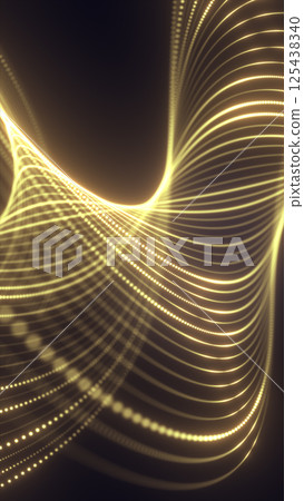 Flowing golden lines creating fluid wave shapes, glowing on a dark background, evoking technology and energy streams 125438340