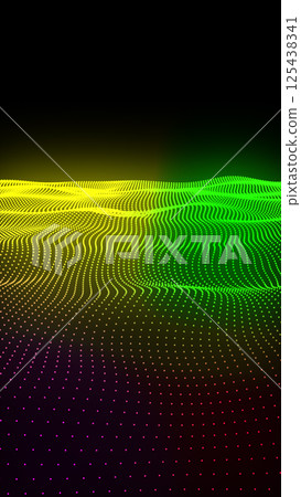 Colorful wave grid of neon dots forming a glowing terrain on dark background 125438341
