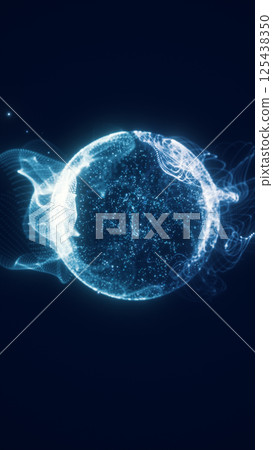 High-tech glowing sphere with blue digital particles forming complex structures in a virtual space environment High-tech glowing sphere with blue digital particles forming complex structures in a virtual space environment 125438350
