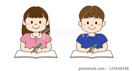 Illustration of a boy and girl sitting at a desk studying Illustration of a boy and girl sitting at a desk studying 125438386