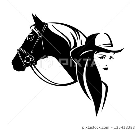 cowgirl woman and bridled horse head black and white vector portrait design 125438388