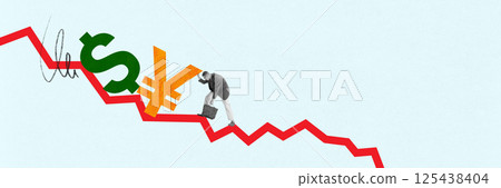 Man climbing red falling line with dollar and yen symbols, struggle of business in volatile exchange rate environment. Man climbing red falling line with dollar and yen symbols, struggle of business in volatile exchange rate environment. 125438404