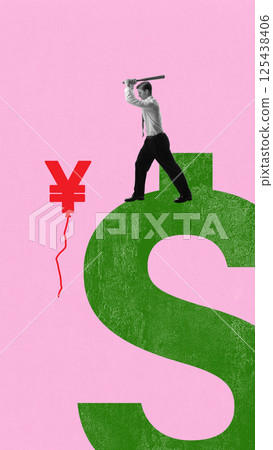 Man with bat stands on giant green dollar targeting floating red yuan. Conceptual design. 125438406