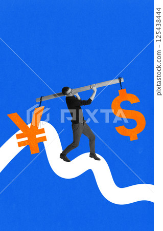 Man balancing currency symbols on economic wave, symbolizing unstable global currency exchange. Conceptual design. 125438444