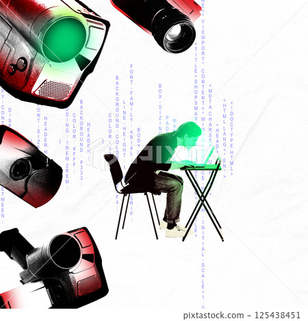 Young man leaning towards laptop surrounded by camera lenses and code flow. Technocratic control and digital pressure. 125438451