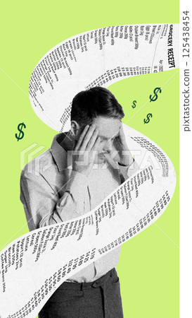 Man touches head in frustration wrapped in spiral of receipt representing endless financial burden. Man touches head in frustration wrapped in spiral of receipt representing endless financial burden. 125438454
