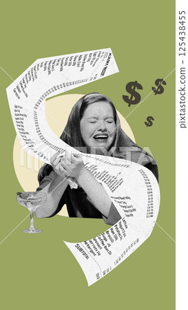 Crying woman sarcastically laughs holding extra-long receipt as irony of modern affordability crisis. 125438455