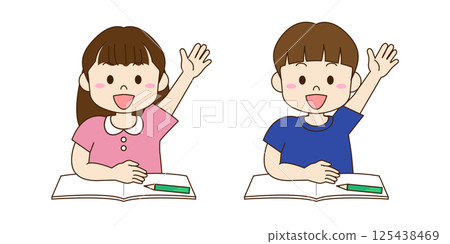 男孩和女孩學習並舉手的插圖 125438469