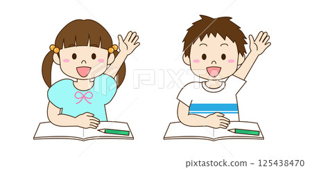 Illustration of boys and girls studying and raising their hands Illustration of boys and girls studying and raising their hands 125438470