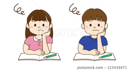 Illustration of a boy and girl studying and worrying Illustration of a boy and girl studying and worrying 125438471