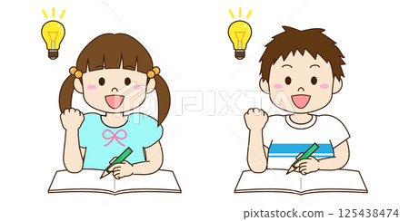 Illustration of a boy and girl studying and thinking Illustration of a boy and girl studying and thinking 125438474